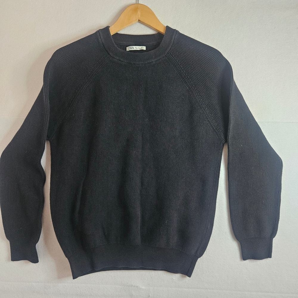 Zara Man Black Ribbed Knit Raglan Crewneck Sweater Size Large Mens